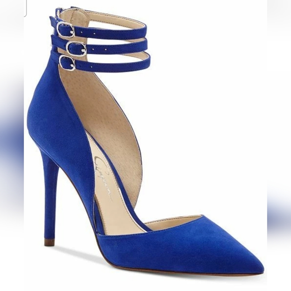 Jessica Simpson Royal Blue Suede Pointed-Toe Ankle-Strap Pumps